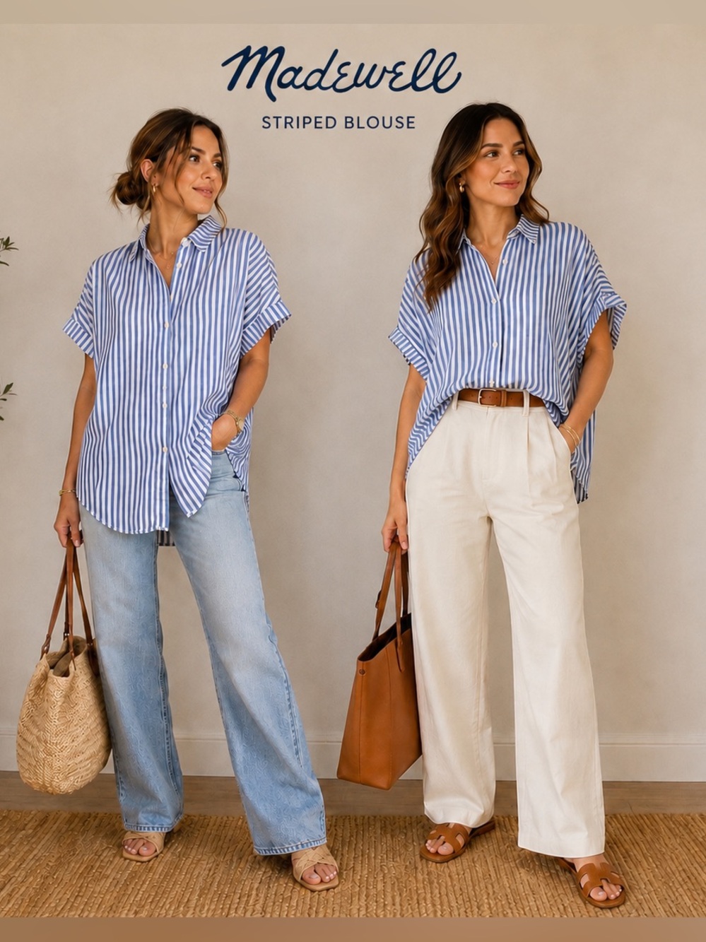 Madewell Blue and White Vertical Stripe Short-Sleeve Button-Down Oversized M